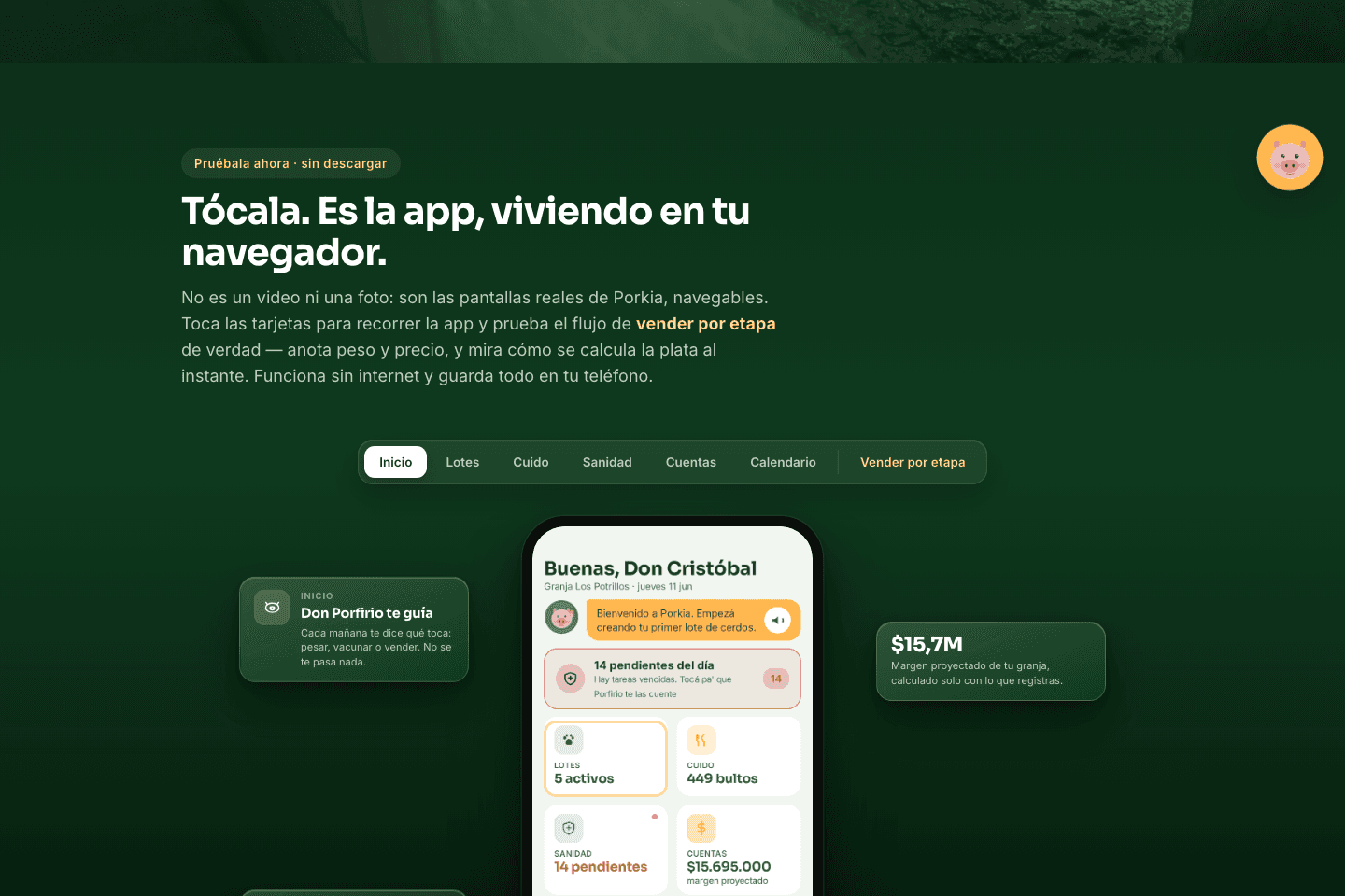Captura real de la demostración pública de Porkia, con las pantallas de la app recorribles desde el navegador.